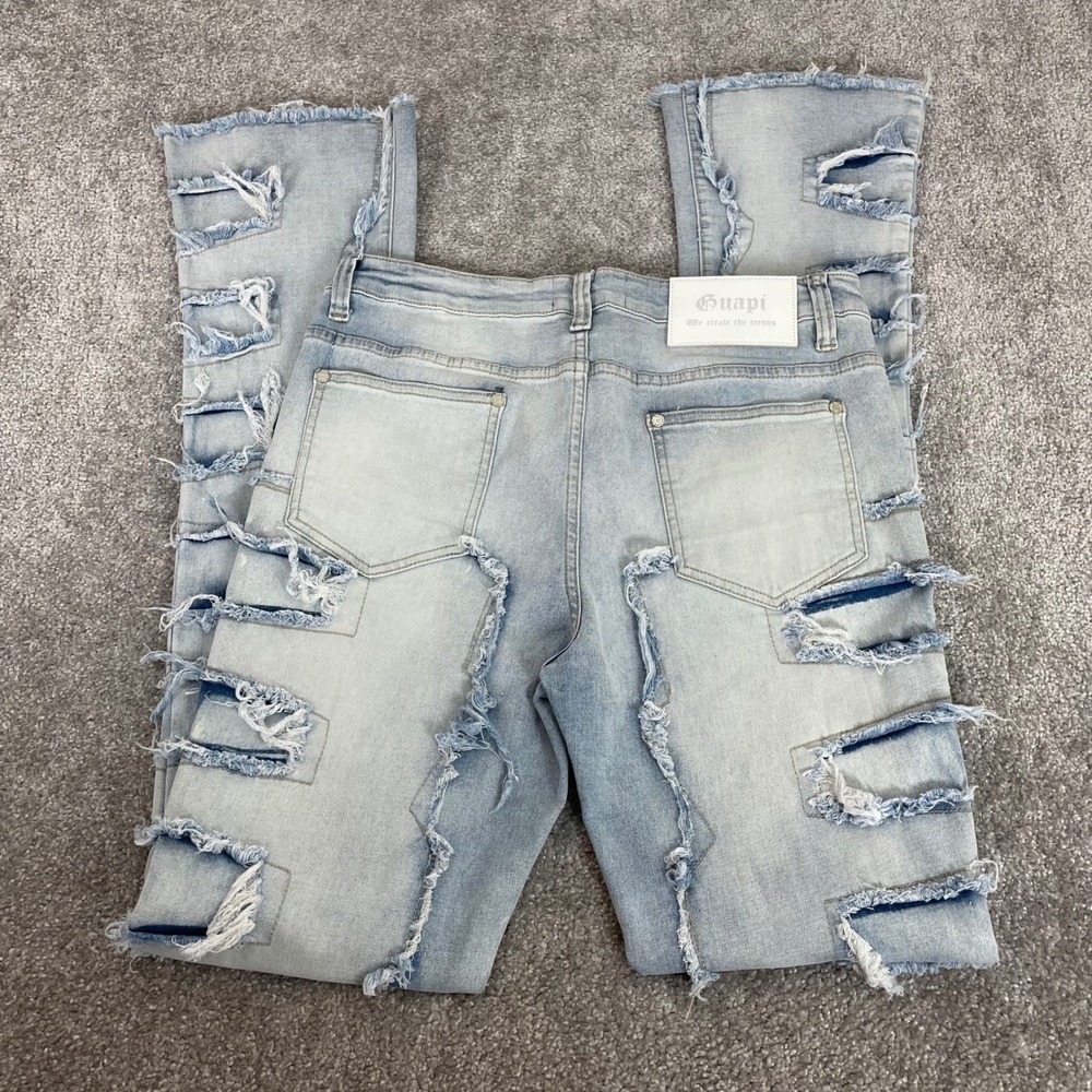Guapi Jeans Mens 34 Distressed Patchwork Flare Light Wash Denim Frayed Street - Picture 4 of 14